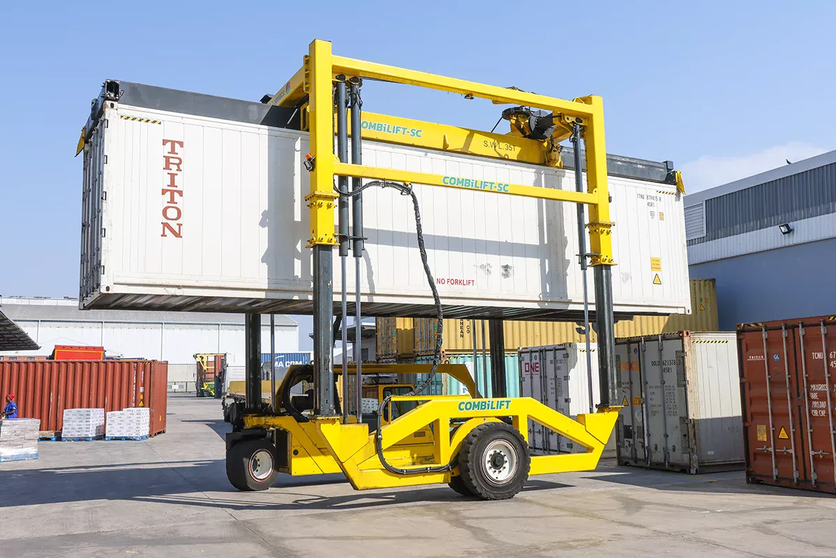 Combilift Moving a Container Across the Warehouse Yard